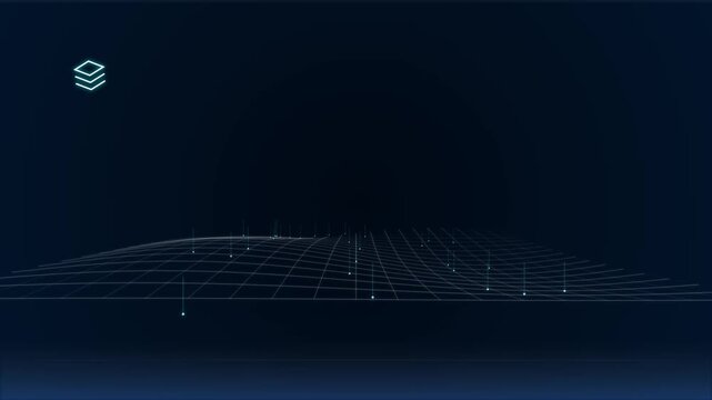 Abstract digital landscape with glowing grid and data visualization elements.