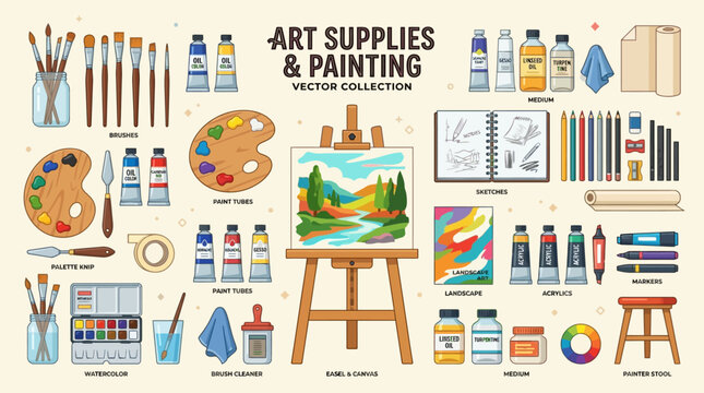 Art supplies and painting vector collection with brushes paints easel