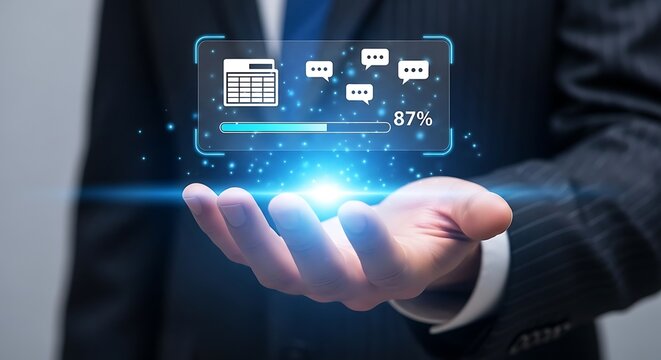 A business person in a suit holding a floating digital interface showing a spreadsheet chat bubbles, and an eighty-seven percent loading bar