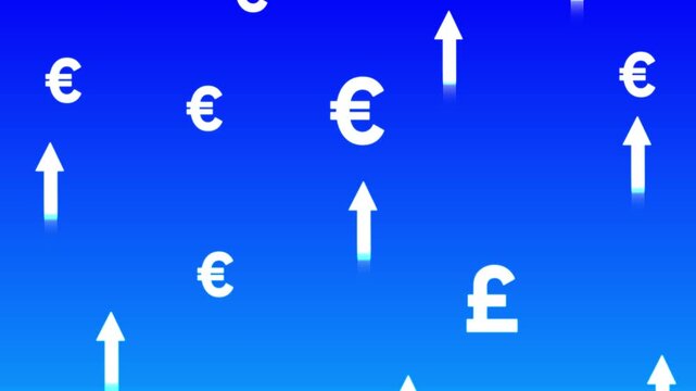Financial growth concept: rising euro and pound currency symbols with upward arrows