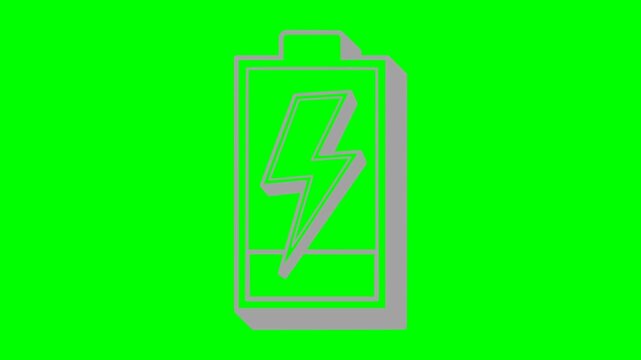 black battery and thunder flash icon animation with flashing white light element on a keyable green screen background