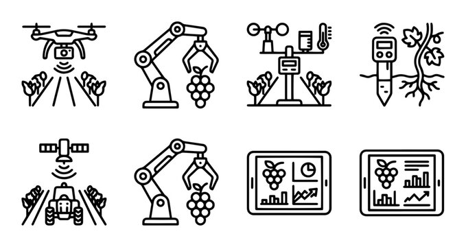 6 Industrial icons robotic arms, factory automation, manufacturing process, outline solid styles, UI and web interface design