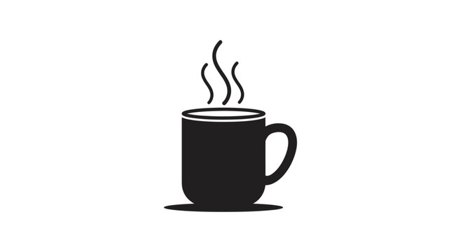 Minimalist black coffee mug silhouette with simple steam waves isolated on white background vector icon for cafe logo or beverage shop signs for brand identity