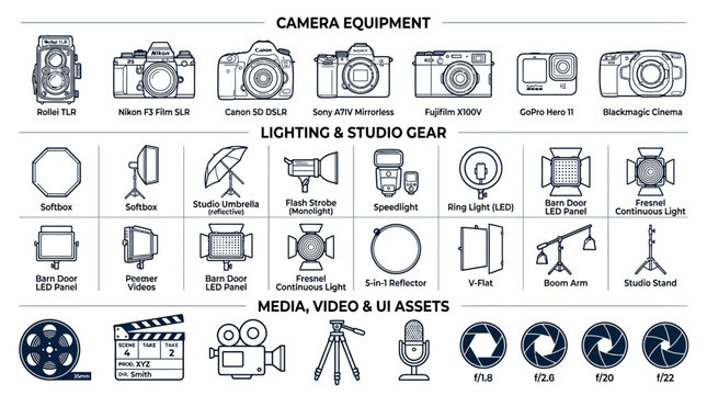 Camera equipment and lighting studio gear icons