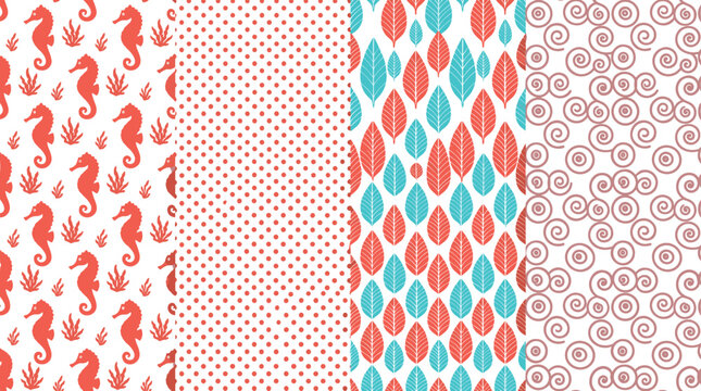 Repeating pattern illustration set with seahorses, dots, leaves, spirals, geometric and organic motifs vector artwork