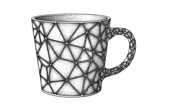 modern mug with geometric triangular pattern and wireframe handle on white background abstract contemporary design vector illustration