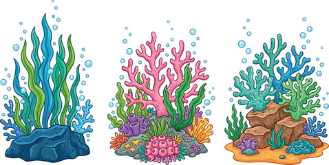 Underwater coral reef illustration set with seaweed, branching corals, aquatic plants, bubbles, marine ecosystem vector artwork © Sheikh