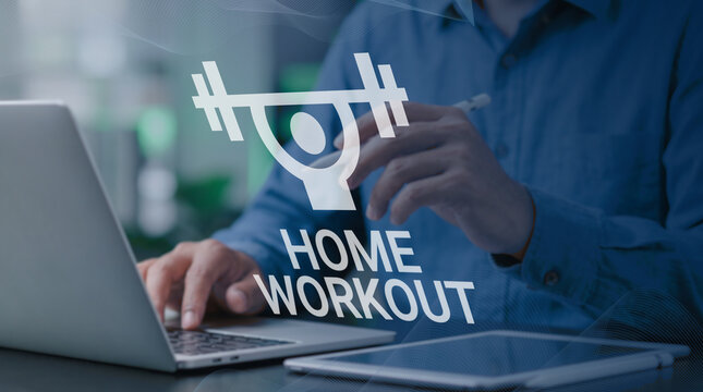 Person using laptop for home workout exercise routine with fitness hashtag overlay