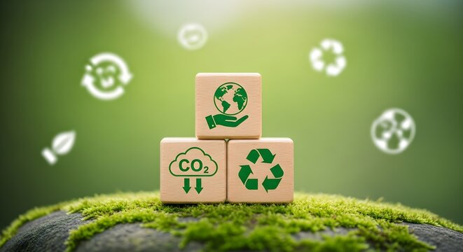 Eco-friendly concept, sustainability icons, recycling, CO2 reduction, green planet care