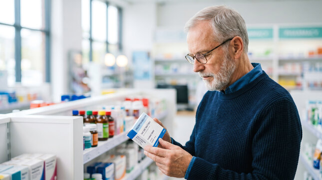 An elderly man stands in a pharmacy looking at a product he is holding. He examines the details on the box while shelves of various health items are in the background