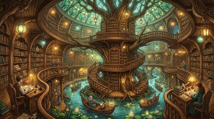 Fototapeta premium Whimsical library with tree and winding staircase