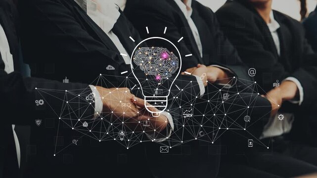 A modern business conference scene showcasing professionals with a light bulb symbol and digital icons, emphasizing innovation, creativity, and collaboration in a corporate setting. Raster