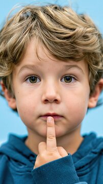 Young boy making a quiet gesture with finger on lips, ideal for classroom behavior, silence and child communication concepts.