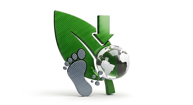Green leaf footprint earth down arrow symbol representing environmental footprint reduction.