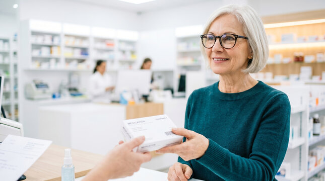 A woman is at a pharmacy counter receiving a package from a staff member. The store has shelves filled with products. A second staff member assists another customer in the background
