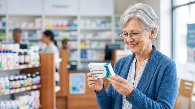 A senior woman stands in a pharmacy. She holds a box of medicine and smiles as she reads the package. Behind her, a staff member helps another customer find products