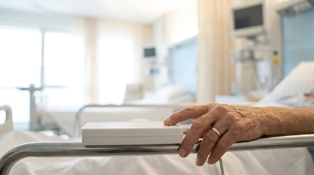 Patient hand with ring pressing remote emergency call button for nurse triage in hospital ward