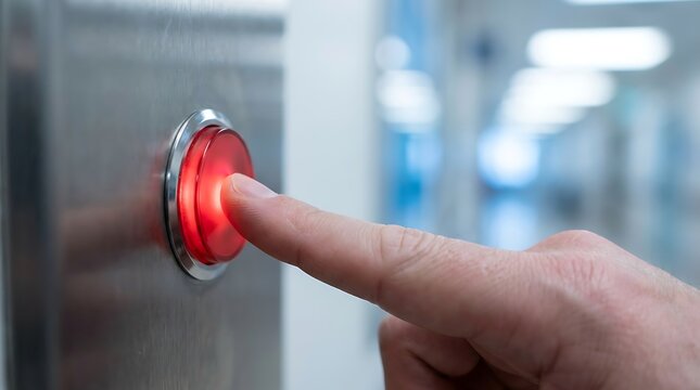 Finger pressing glowing red emergency button for urgent triage response in modern hospital hall