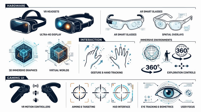 Virtual reality hardware and interaction concept with VR headsets AR smart glasses and gaming UI elements
