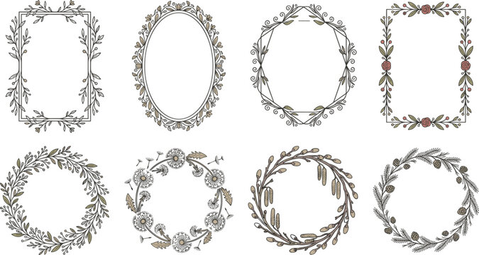 Elegant Vintage Floral Frame and Wreath Set with Botanical Leaves Flowers and Berries Decorative Vector Illustration Collection