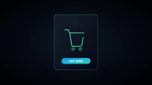 E-commerce pay now button animation with shopping cart and secure shield symbol online shopping