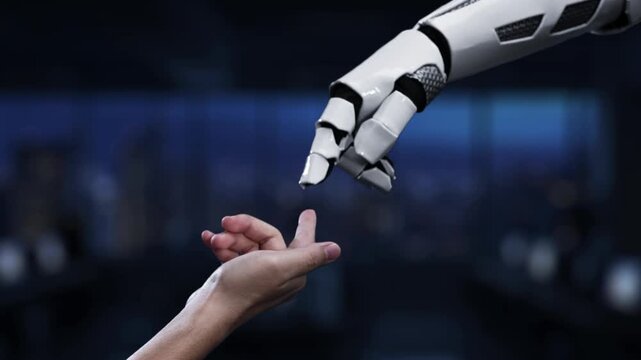 A sleek robotic hand interacts with a glowing ERP icon in a modern office, illustrating the intersection of technology and business innovation for improved processes. Synapse