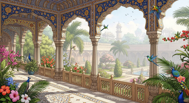 Ornate Indian Palace Balcony Overlooking Tropical Garden with Peacocks and Exotic Birds