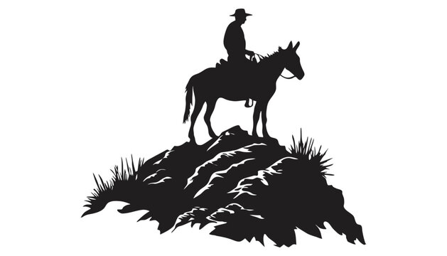 Cowboy silhouette riding mule on rocky mountain hill