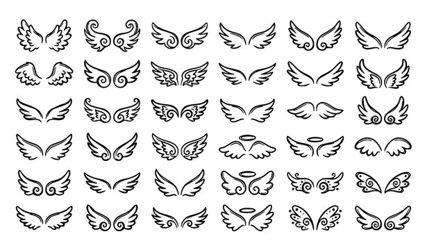 Decorative Angel Wings Collection Outline Tattoo Style Vector Illustration Set