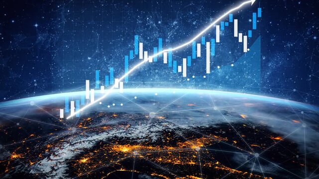 This image illustrates a futuristic financial growth concept, featuring a digital graph over Earth at night, symbolizing global market trends and economic expansion. Copula