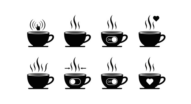 Interactive smart coffee cup icon set for mobile application interface design featuring steam and toggle switch elements isolated on white background vector