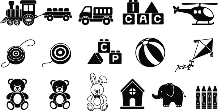 Baby Toy and Nursery Essentials Black Silhouette Icon Set Featuring Train Truck ABC Blocks Helicopter Yo Yo Ball Kite Teddy Bear Elephant Rabbit and Crayons