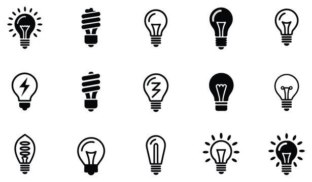Assortment of Light Bulbs: A collection of various light bulb icons in black and white. creative idea, innovation concept, illumination symbol.