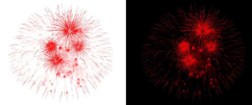 Red fireworks explosion set on white and black backgrounds, vibrant firework burst isolated, festive pyrotechnic display for holiday celebration design