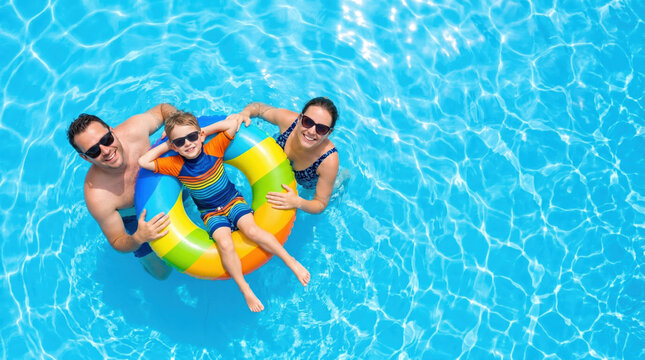 A father and mother hold a child in a bright float while they relax in a swimming pool. They smile and enjoy the warm weather together on a sunny day