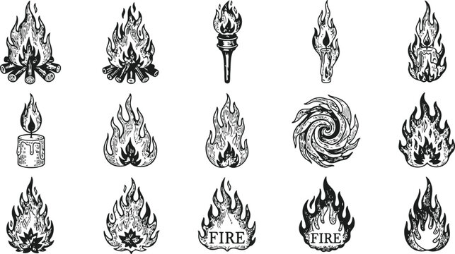 Collection of assorted fire elements in vintage engraving style with detailed textures against a white background for graphic design
