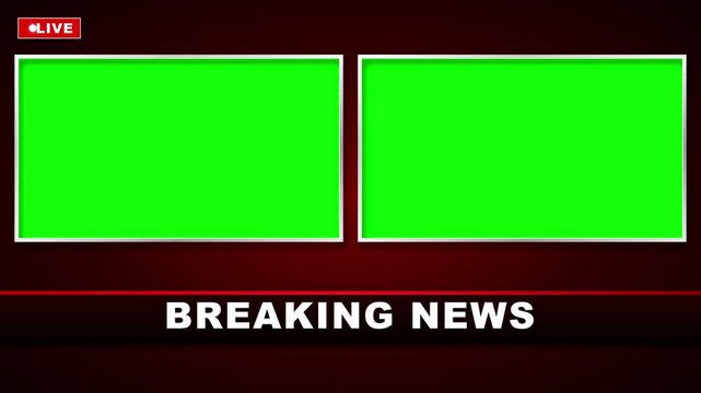 Breaking news broadcast template with dual green screen windows for media overlay