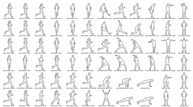 50 Fitness and Running Poses Architectural Scale Figure Library CAD Vector Set