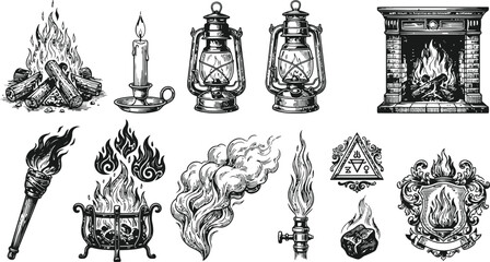 Collection of fire elements in classic engraving style for historical or decorative use © Mahi Fattah