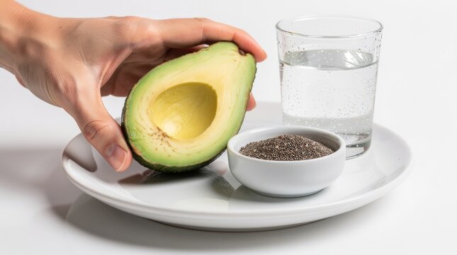 Fresh Avocado Half With Chia Seeds and Water Glass For Healthy Eating