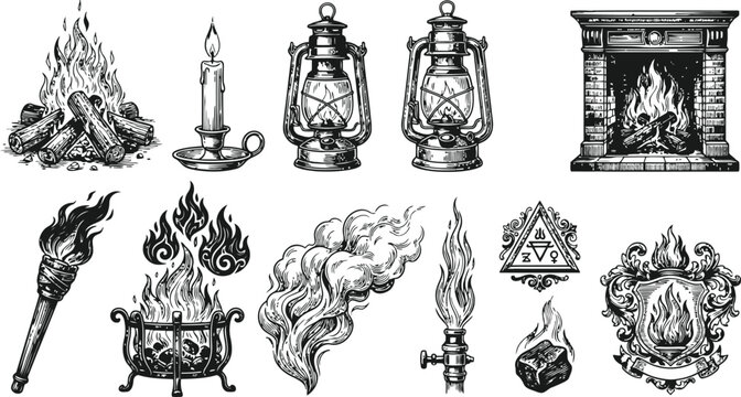 Collection of fire elements in classic engraving style for historical or decorative use