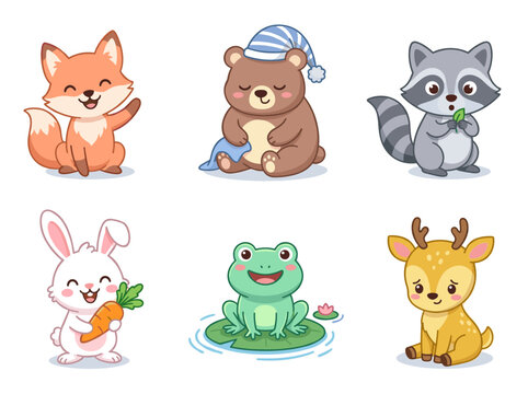 Vector cartoon character set of fox, bear, raccoon, rabbit, frog and deer, isolated on white background