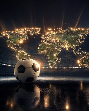 Soccer ball on stadium floor with glowing world map. Championship tournament concept. Global international football competition. Sports event background with bright illumination at night
