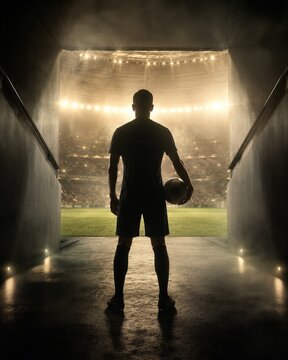 Footballer standing in tunnel before entering crowded stadium. Professional athlete holding ball looking at field. Sports tournament championship event and competitive game atmosphere