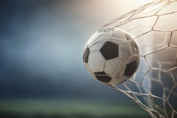 Naklejka premium Soccer ball hitting goal net during match at stadium. Scoring goal in professional championship. Concept of sport victory, competition and active lifestyle. Stadium lighting background