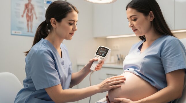 Nurse monitoring pregnant woman's belly with medical device