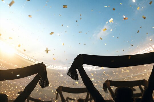 Soccer fans holding scarves up in crowded stadium during match. Golden confetti falling at sport championship. Excited crowd celebrating goal, victory and emotional team win concept
