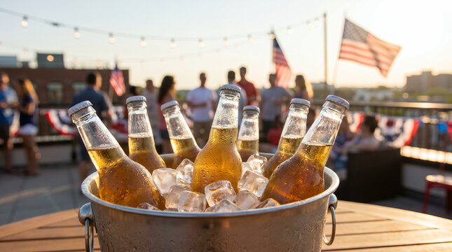 Bottles of beer in ice bucket on rooftop for 4th of July celebration  