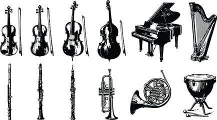 Engraving collection of orchestral instruments including violins cello double bass piano harp flute clarinet trumpet french horn and drum on white background © Mahi Fattah