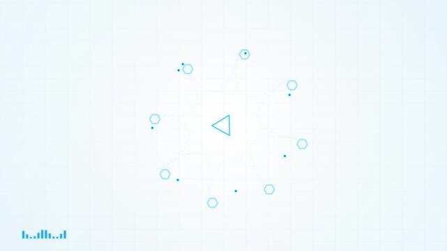 Abstract geometric shapes forming a circular pattern on a light blue background.